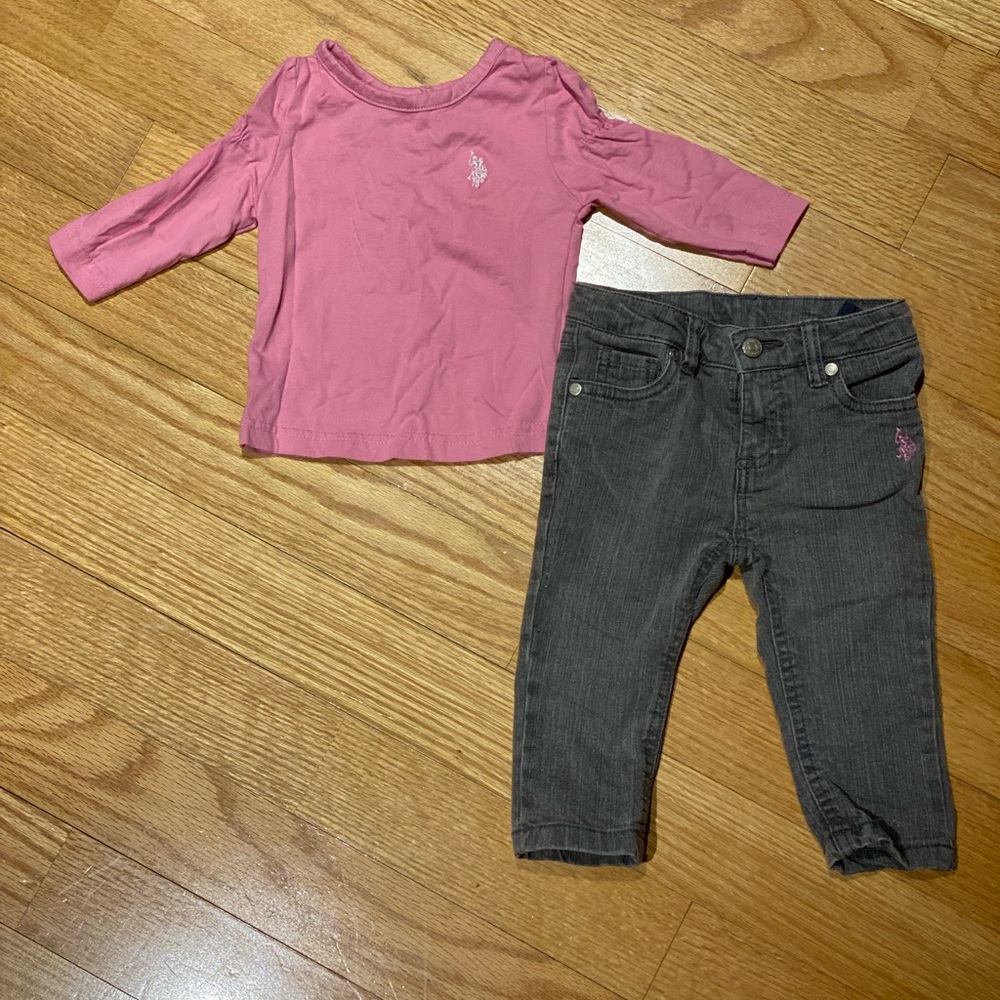 U.S. Polo Assn Outfit Pink Long Sleeve Shirt & Matching Grey Jeans Size 12 Mths
